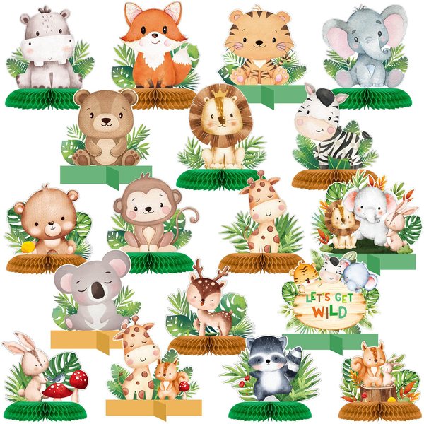 Tinlade 18 Pcs Jungle Animals Honeycomb Centerpieces Safari Baby Shower Table Decorations for Boy Jungle Theme Birthday Party Supplies Safari Wild Animals Party Decorations for Boy Girl