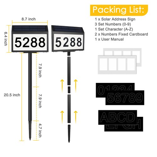 GEAGMAGC Solar House Numbers for Outside Light up, LED Illuminated Home Number Address Sign Plaque Waterproof for Yard, Wall-Mounted or Floor-Plugged- Black