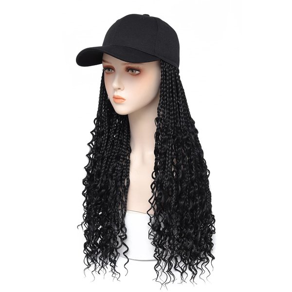 Goddess Box Braids Braiding Hair Baseball Cap Hat Wig Bohemian Curly Ends Braids Hat with Braided Boho Hair Extensions for Black White Women Synthetic Braids Hat Wig with Hair Attached (20inch, 1B)