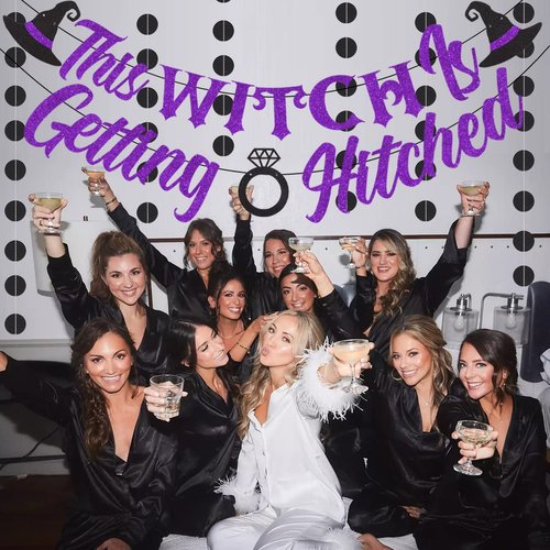 This Witch Is Getting Hitched Banner, Halloween Bachelorette Hen Party Supplies with Circle Dots Garland for Haunted Houses Home Decors