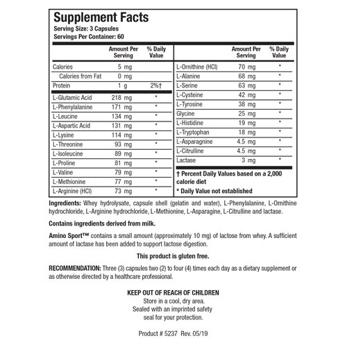 Biotics Research Amino Sport Broad Spectrum Amino Acids, Essential Amino Acids, BCAAs, Sports Recovery, Support Lean Muscle Mass 180 Caps