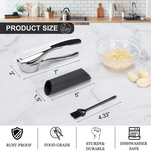 CUNSENR Garlic Press with Silicone Peeler & Brush - Premium Garlic Mincer Tool - Easy to Use & Clean - Durable Garlic Crusher - Rustproof Garlic Smasher - Dishwasher Safe - Press Garlic with Ease