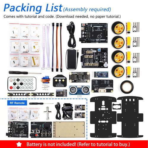 FREENOVE 4WD Car Kit with RF Remote (Compatible with Arduino IDE), Line Tracking, Obstacle Avoidance, Ultrasonic Sensor, IR Wireless Remote Control Servo