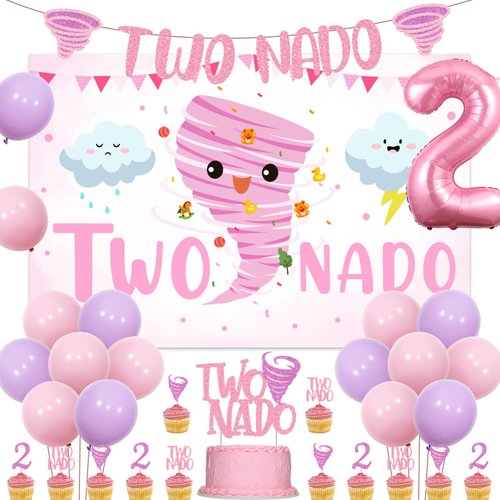Sursurprise Two Nado Birthday Party Decorations for Girls, Tornado 2nd Birthday Party Decor with Two Nado Backdrop Banner Cake Topper, Number 2 Balloon, Baby Girl 2 Year Old Birthday Supplies