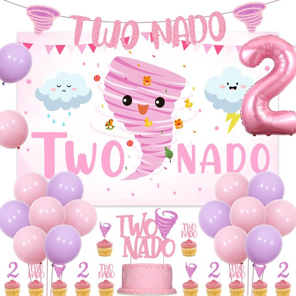Sursurprise Two Nado Birthday Party Decorations for Girls, Tornado 2nd Birthday Party Decor with Two Nado Backdrop Banner Cake Topper, Number 2 Balloon, Baby Girl 2 Year Old Birthday Supplies