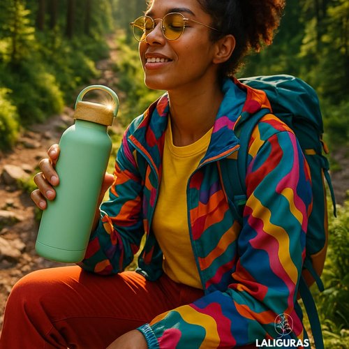 Laliguras Insulated Stainless Steel Thermos Flask 17oz / 25oz Leakproof Reusable Water Bottle with Bamboo Lid, BPA-Free Hot & Cold Drink Container for Travel, Gym, Office, Sports (Lagoon, 17 Ounces)