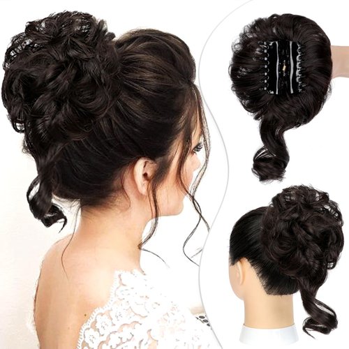 Wodelanle Claw Clip Messy Hair Bun Hair Piece for Women Wavy Curly Chignon Hair Buns Claw Clip Ponytail Hairpieces Tousled Updo Hair Extensions Scrunchie for Daily Use,Dark Brown Mix Light Auburn