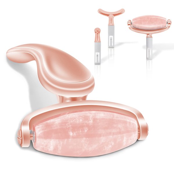 ROMALOVE Jade Facial Roller, Jade Face Roller Massager with 3 Interchangeable Heads for Women Routine Skin Care, Reduce Puffiness Wrinkling Rejuvenate Skin (Pink Roller + Rose Gold)