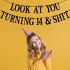 Black Glitter Look at You Turning 14 & Shit Banner, Happy 14th Birthday/Level 14 Unlocked/Cheers to 14 Years, Funny 14th Birthday Party Decorations Supplies
