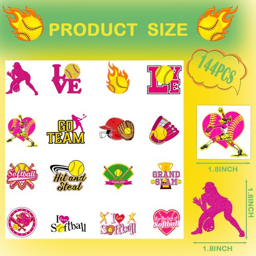 144 Pieces Softball Temporary Tattoos Stickers Softball Baseball Sports Themed Party Favors Supplies, Softball Tattoos for Girls Sporting Fans Softball Gifts Softball Party Decorations 16 Styles