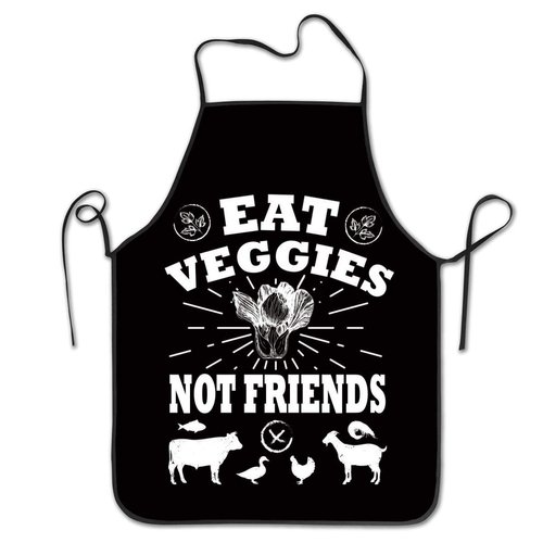 Granbey Funny Vegan Cooking Chef Apron - Eat Veggies Not Friends BBQ Baking Waterproof Apron Cute Black Bib Aprons with Long Waist Ties for Kitchen Party