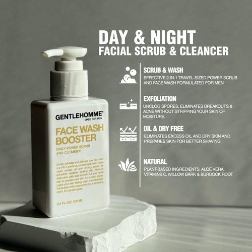 Gentlehomme Men’s Face Wash & Exfoliator - Daily Exfoliating Face Cleanser for Men - Plant-Based Ingredients Peppermint Face Scrub - Travel Size -3.4 fl oz