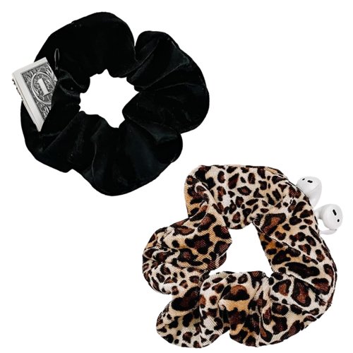 SCRMROIA Zipper Scrunchies, Pocket Scrunchie, Secret&Hidden, Velvet Hair Ties Bracelet, Compatible with Apple AirPods Pro 3&2&1, Pouch Storage Bag for Key Money, Elastics Hair Band (Black&Leopard)