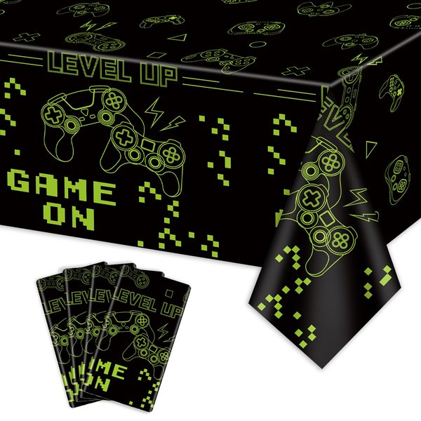 PTECDROTS 4 Pcs Game On Tablecloths, Green Video Game Party Table Covers, Rectangular Table Decoration for Boys Gamer Level Up Gaming Party Supplies, 51 x 86.6 Inch