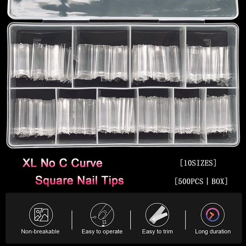 XL No C Curve Square Nail Tips,SWETIDY 500pcs Clear Acrylic Tapered Square Shape Nail Tips Flattened Half Cover False French Nail Tips for Nail Salon and DIY Nail Art with Case