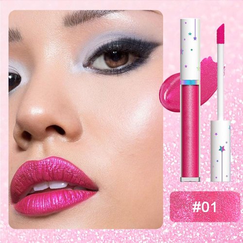 evpct 1Pcs Rose Pink Metallic Shimmer Glitter Lip Gloss Liquid Lipstick Long Lasting Waterproof 24, Glitter Pearlescent Metallic Sparkly Glossy Liquid Lipsticks Lip Stain Makeup Set for Women 01#