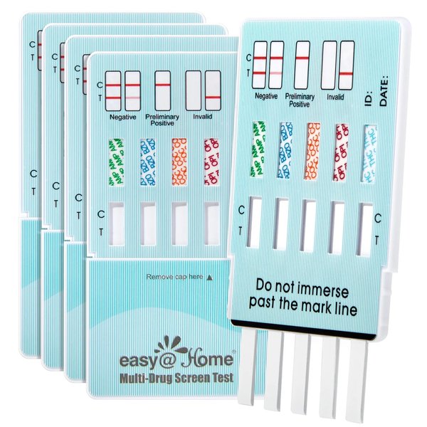 5 Pack Easy@Home 5 Panel Instant Drug Test Kits - Testing Marijuana (THC), COC, OPI 2000, AMP, BZO - Urine Dip Drug Testing - #EDOAP-754