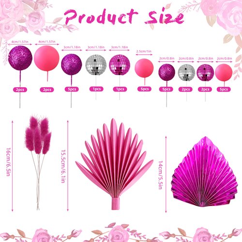38 PCS Balls Cake Toppers Palm Leaves Cake Decorations for Birthday Wedding Baby Shower Party Supplies (Pinkish Purple)