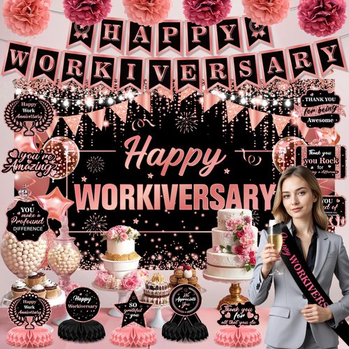 Happy Work Anniversary Decorations Rose Gold Happy Workiversary Banner Honeycomb Centerpieces Hanging Swirls Tissue Paper Pompoms Sash Set for Women Office Employee Worker Appreciation Party Supplies