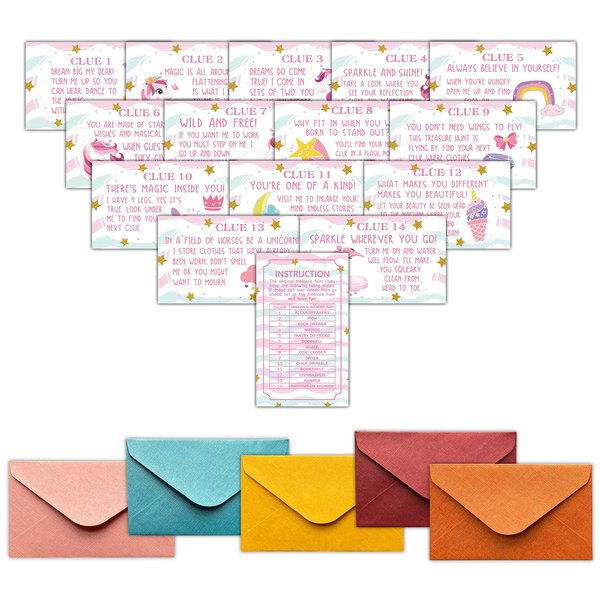 Birthday Treasure Hunt Clues Game Cards, Birthday Party Scavenger Hunt Card Game(15 Cards With Colourful Envelopes), Indoor Ourdoor Children's Day Party Activities, Birthday Party Decorations(02)
