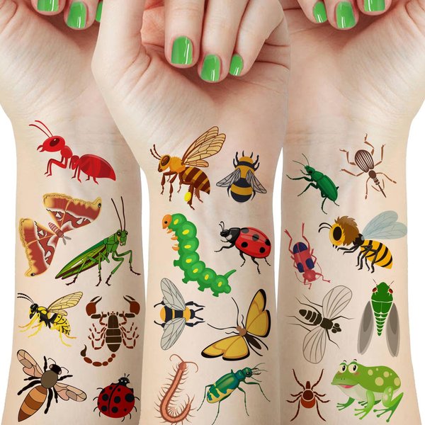 72pcs Insect Temporary Tattoos, Reptile Buggin Out Tattoos, Bees, Spiders, Beetles, Butterflies, Dragonfly Fake Tattoo Stickers for Kids Birthday Party Favors Supplies Class Rewards Gift Bag Fillers
