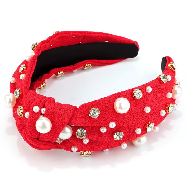 VELSCRUN Red Headband Pearl Knotted Headbands for Women Girls White Pearl Rhinestone Crystal Hair Band Top Knot Wide Head Band Holiday Headband Gifts for Mothers Sisters Hair Accessories for Women