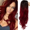 Tseses Ombre Red Long Curly Wigs for Women Wavy Synthetic Hair Wigs Dark Roots Hair Women Wig for Cosplay Halloween Party Daily Use (Red)