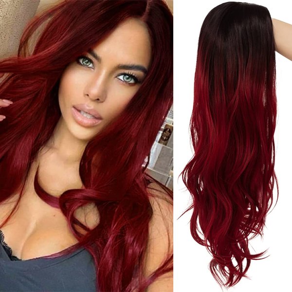 Tseses Ombre Red Long Curly Wigs for Women Wavy Synthetic Hair Wigs Dark Roots Hair Women Wig for Cosplay Halloween Party Daily Use (Red)