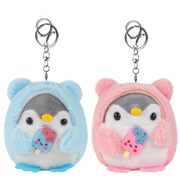 Anboor 2 Pcs Small Stuffed Animals Penguin Plush Toy with Keychain Award Goodie Bag Fillers Penguin Plushies Animal Toy Easter Party Favors (Blue, Pink)