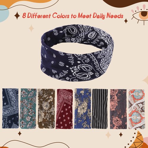 obeoby Headbands for Women, 8 Pack Boho Style Headbands Non Slip Fashion Wide Headband Hair Wrap for Daily Use Sport Yoga Running