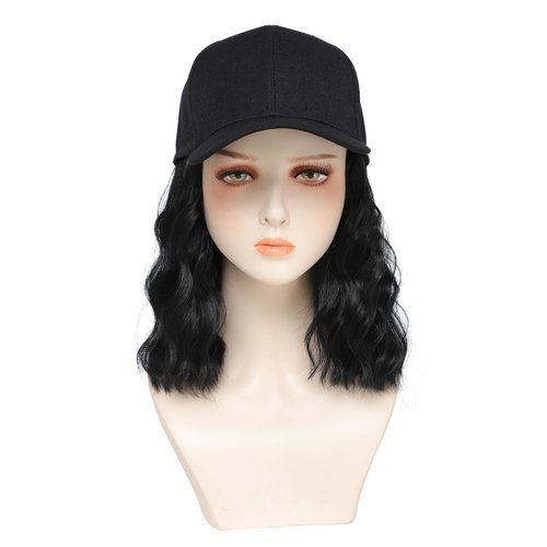AliRobam Hat with Natural Wave hair Extensions attached for woman Baseball cap wig Short Bob Hairstyle Adjustable Wig (Black)
