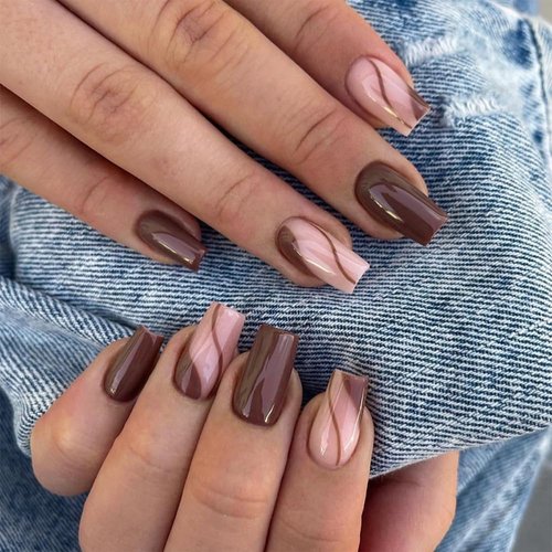 ANDGING Brown Press on Nails Short Square Fake Nails with Glue Acrylic Coffin Glue on Nails with Designs Gel Manicure Curved False Nail for Women Girls Fantasy Stick ons Nails for Wedding Birthday