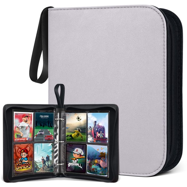 POKONBOY 400 Pockets Baseball Card Binder Sleeves, Trading Card Sleeves Carrying Case Card Binder Fit for Baseball Cards, Trading Cards, Football Cards and Sports Cards (Gray)