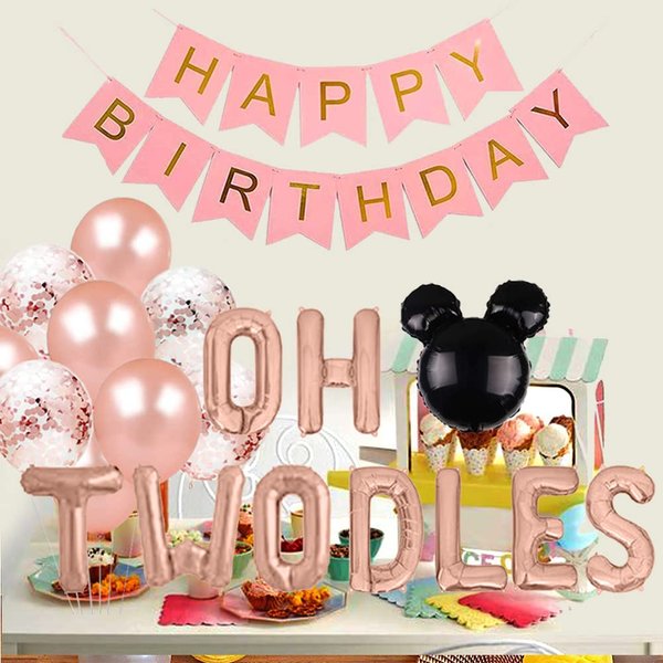 Oh Twodles Birthday Balloons, Oh Twodles Balloon Birthday Banner Mickey Mouse Party Supplies Number 2 Balloon for 2nd Second Boy Michkey Mouse Birthday Party Decoration 12PCS Kit of Geloar (Rose Gold)