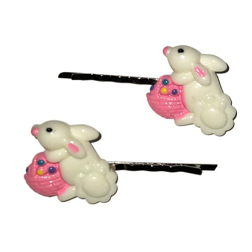 EASTER BUNNY with Basket - Handmade Bobby PIn Hair clips - Set of 2