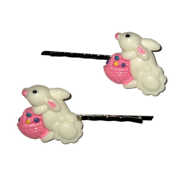 EASTER BUNNY with Basket - Handmade Bobby PIn Hair clips - Set of 2