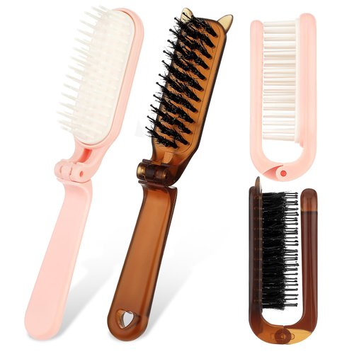 Folding Travel Hair Brush, 2Pcs Travel Brush Portable Boar Bristle Hair Brush Mini Hairbrush Pocket Size Comb for Women Kids Thick Thin Curly Straight Wet Dry Hair