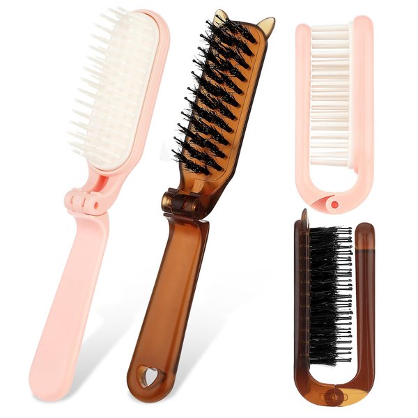 Folding Travel Hair Brush, 2Pcs Travel Brush Portable Boar Bristle Hair Brush Mini Hairbrush Pocket Size Comb for Women Kids Thick Thin Curly Straight Wet Dry Hair