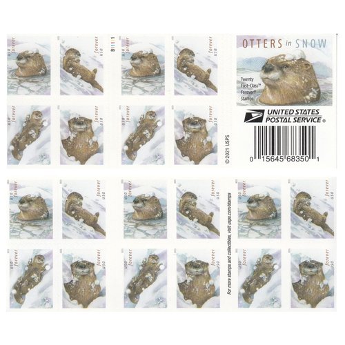 USPS 2021 Otters in Snow Forever First Class Postage Stamps Playful Theme, Winter, Holiday, Invitations, Animal Lover, (1 Booklet of 20 Stamps)