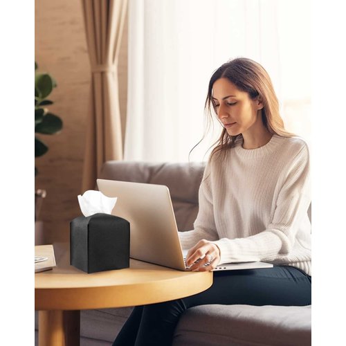 Leather Tissue Box Cover Square – Tissue Holder with Bottom Belt [JESMINI, Black] Aesthetic PU Leather Tissue Box Holder Decorative for Bathroom, Home Office Decor