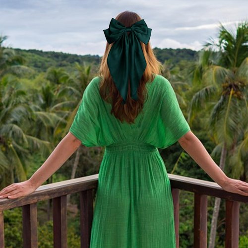 Pufandor Hair Bow Silky Satin Hair Ribbons for Women, Green Bows for Girls Hair Bowknot Barrettes Long Tails with Clips Big Hair Bows Hair Accessories (Dark Green 1pc)