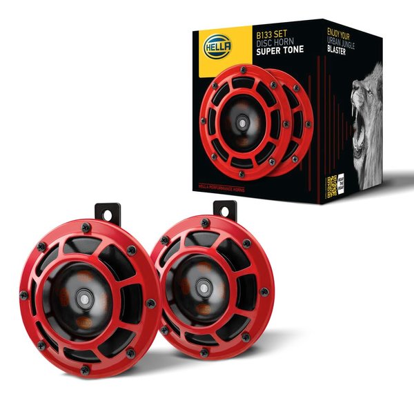 HELLA 003399801 Supertone 12V High Tone/Low Tone Twin Horn Kit with Red Protective Grill, 2 Horns