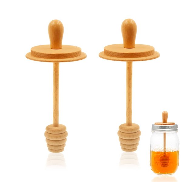 2pcs Wooden Mason Jar Honey Dippers - Honey Dipper Wooden Stick for Regular Mouth Mason Jars, Honey Spoon Mason Jar Honeycomb Lid for Regular Mouth 16 oz Mason, Ball Jars (ONLY Honey Dippers)