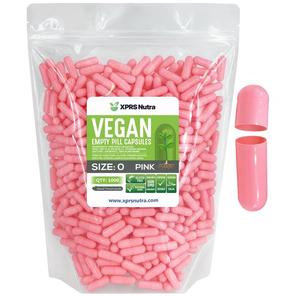 XPRS Nutra Size 0 Empty Capsules - 1000 Count Empty Vegan Capsules - Vegetarian Empty Pill Capsules- DIY Vegetable Capsule Filling- Veggie Pill Capsules Empty Caps (Pink)