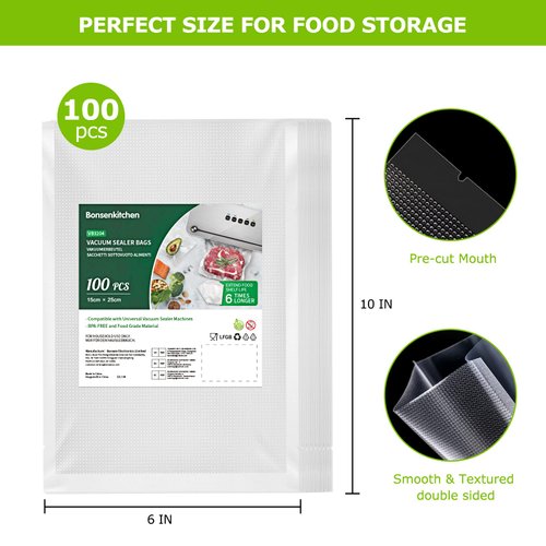 Bonsenkitchen Vacuum Food Sealer Bags 100 Pint 6" x 10", BPA Free, Commercial Grade Textured Food Vacuum Sealer Bag, Thick Embossed Bags for Food Storage and Sous Vide Cooking