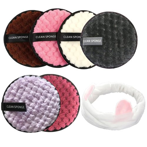 ZARSIO 6 PCS Makeup Remover Reusable Microfibre Wipes Cloth Pads Washable Face Wipe Rounds with Headband