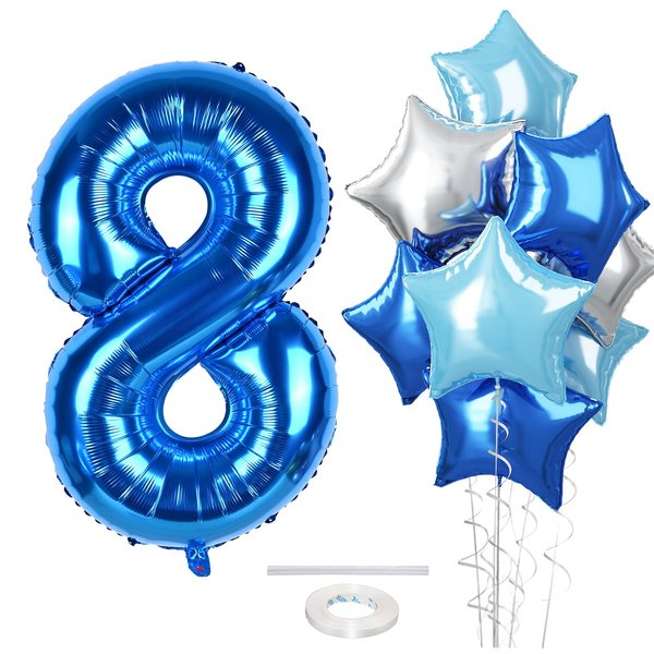 Big Foil 8 Balloon, 40 Inch Dark Teal Blue Self Inflating Number 8 Balloons for Kids 8th Birthday, Silver Light Royal Blue Globos Azules Star Helium Balloon for Boys Birthday Party Decoration Supplies