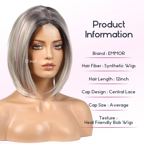 EMMOR Short Bob Wigs,Natural Shoulder Length Central Lace Bob Wgs, Premium Heat-Resistant Synthetic Straight Wigs for Women Daily Use(Ombre Ash)