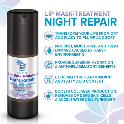 Diva Stuff Night Repair Lip Mask and Treatment | With Retinol & Sea Ferment for Soft, Plump Lips | Nighttime Treatment | Made in the USA w/Safe Ingredients | 1 fl oz