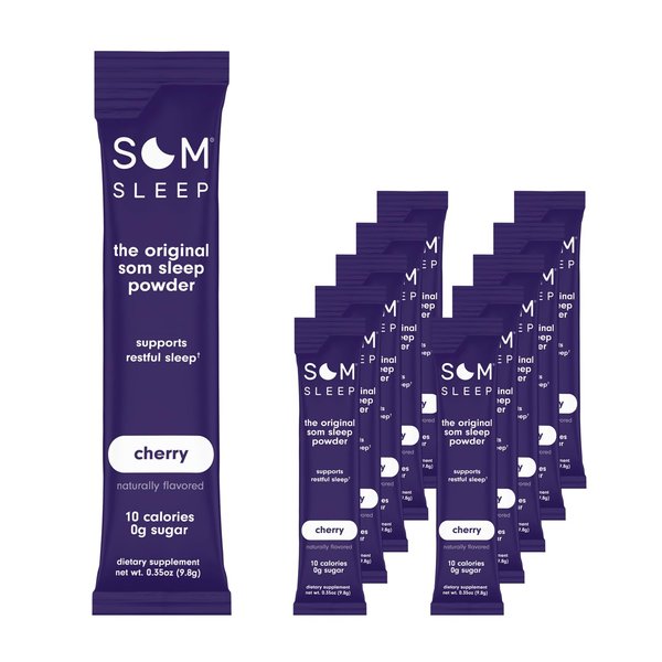 Som Sleep, Restful Sleep Powder Drink Mix w/Melatonin, Magnesium, Vitamin B6, L-Theanine & GABA – Vegan, Zero Sugar, Keto Friendly – Cherry, 10-Pack